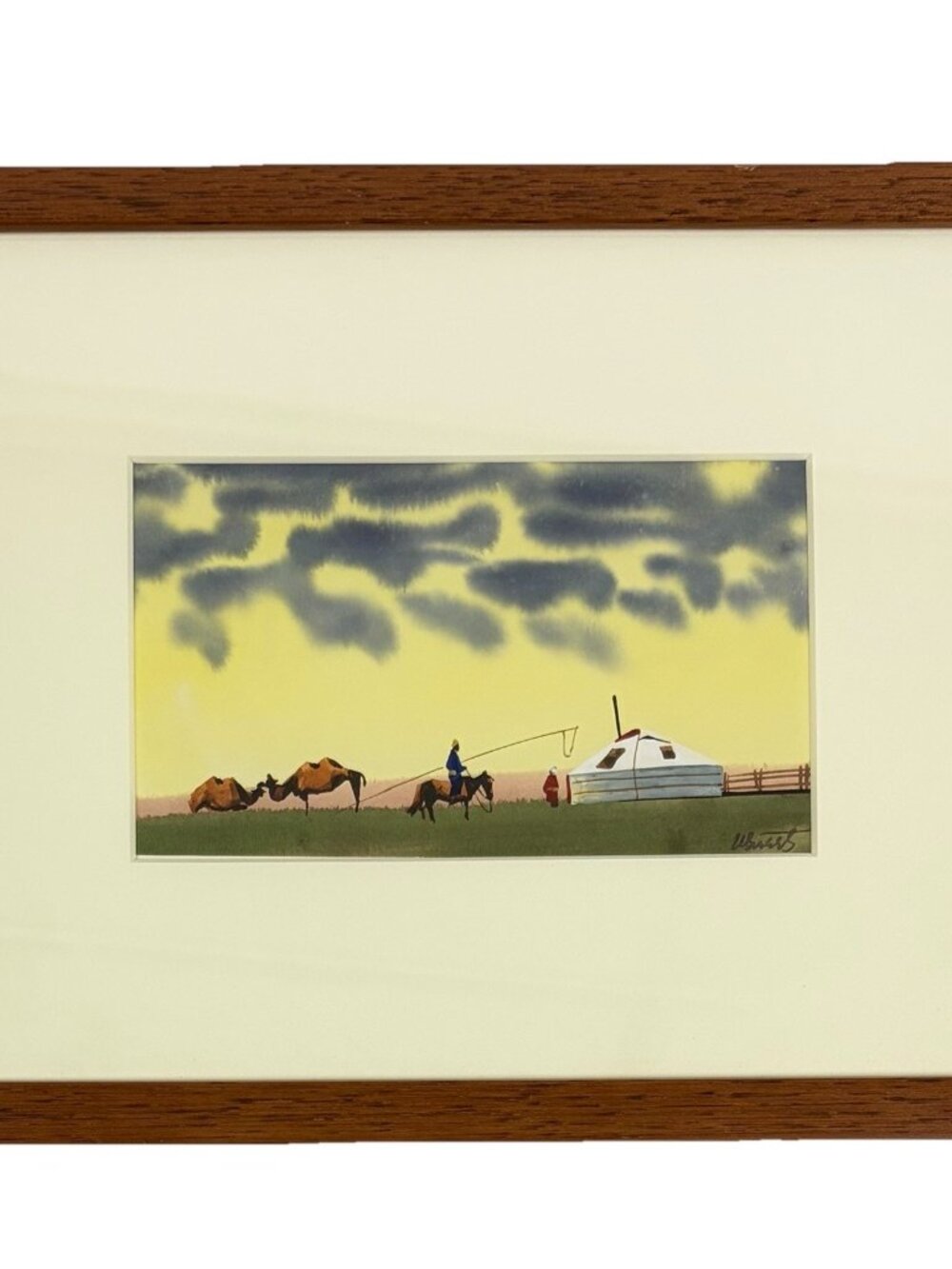 Original Mongolian Watercolor Signed Framed Yurts Horses Camels Nomad Camp